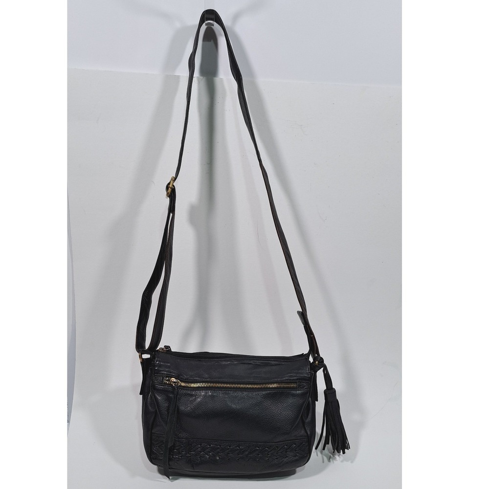 Great American Leather Works Black Leather Crossbody Bag Braided Tassel Purse